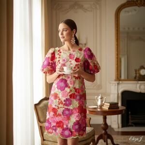 Eliza J Pink Multi 3D Floral Appliqué Embroidered Dress Size 4 NWT Zip Closure
